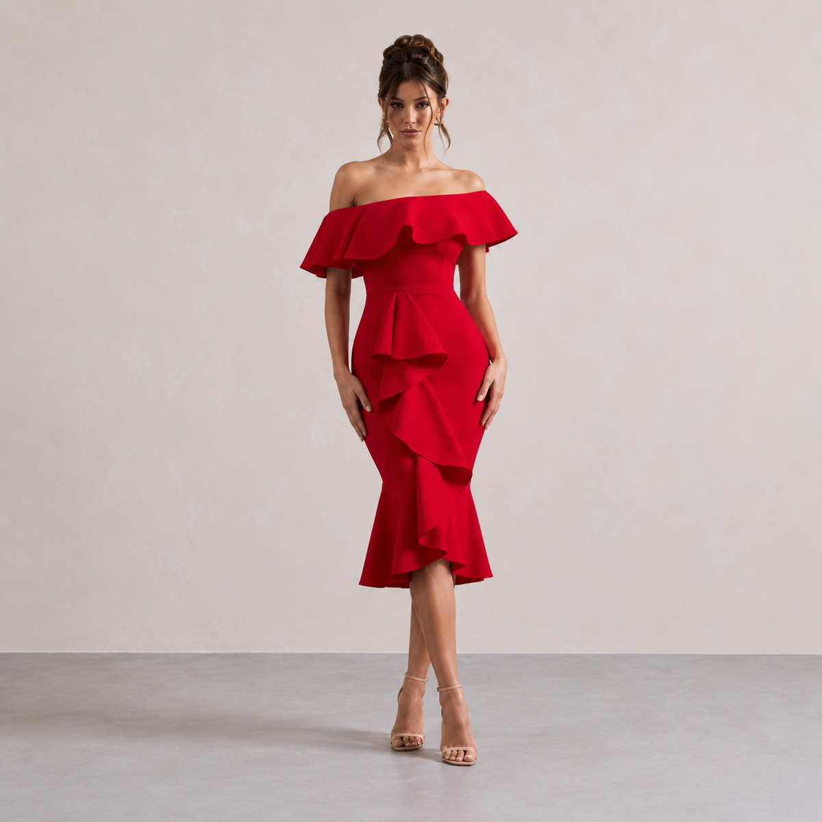 Off Shoulder Ruffle Fishtail Bodycon Midi Dress 7
