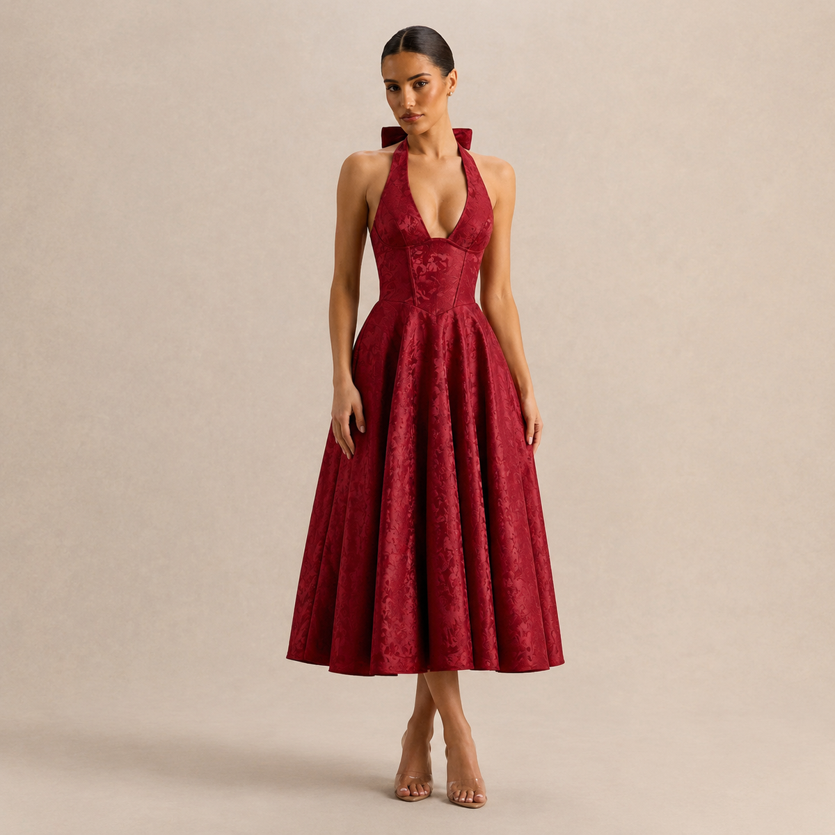 Floral Jacquard Halter Deep V-Neck Fit and Flare Midi Dress 16