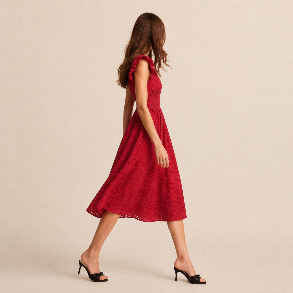 Broderie V-Neck Flutter Sleeve Shirred Waist A-Line Midi Dress 16