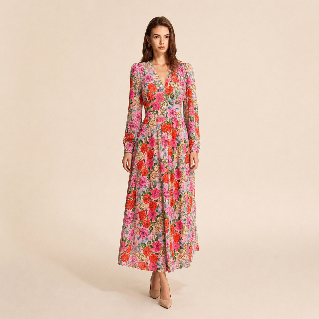 V-Neck Long Sleeve Button Front Floral Maxi Dress