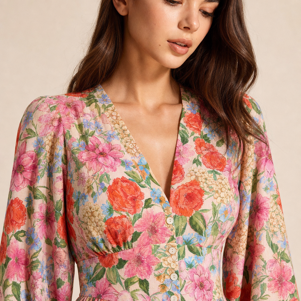 V-Neck Long Sleeve Button Front Floral Maxi Dress 2