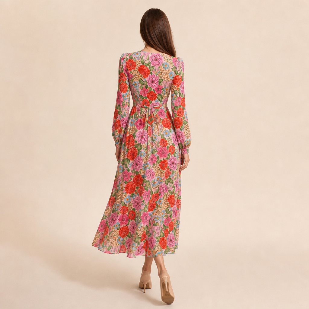 V-Neck Long Sleeve Button Front Floral Maxi Dress 3