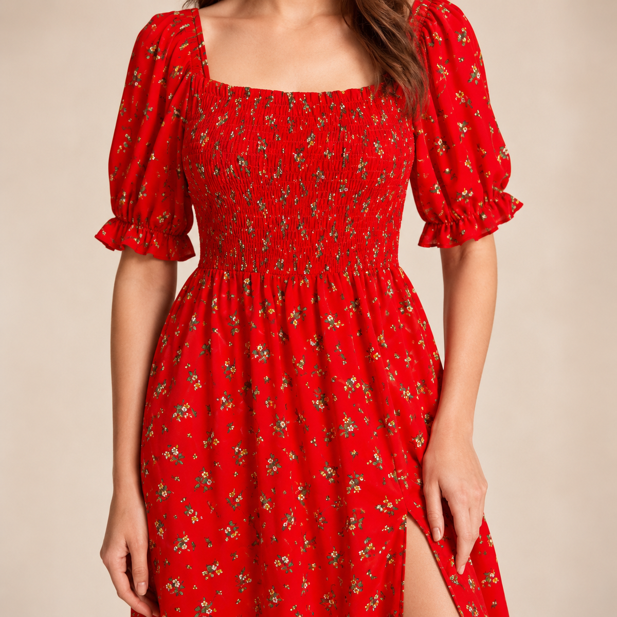 Floral Square Neck Puff Sleeve Smocked High Split Midi Dress 10