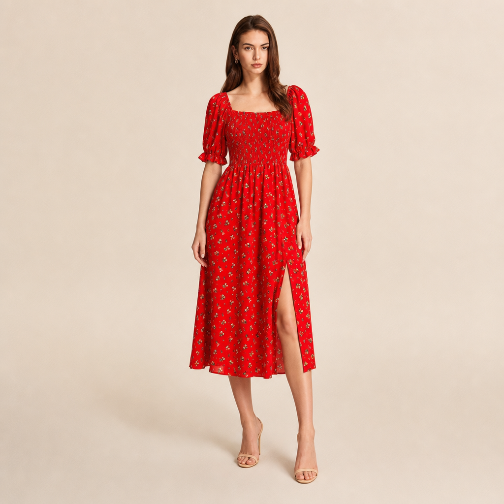 Floral Square Neck Puff Sleeve Smocked High Split Midi Dress 9