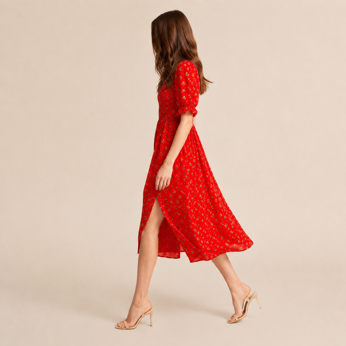 Floral Square Neck Puff Sleeve Smocked High Split Midi Dress 12