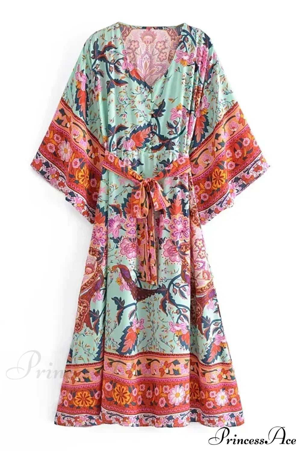 Red Floral Bat Sleeve V-neck Kimono Cover-up Boho Dress Green / S bohodress-250126