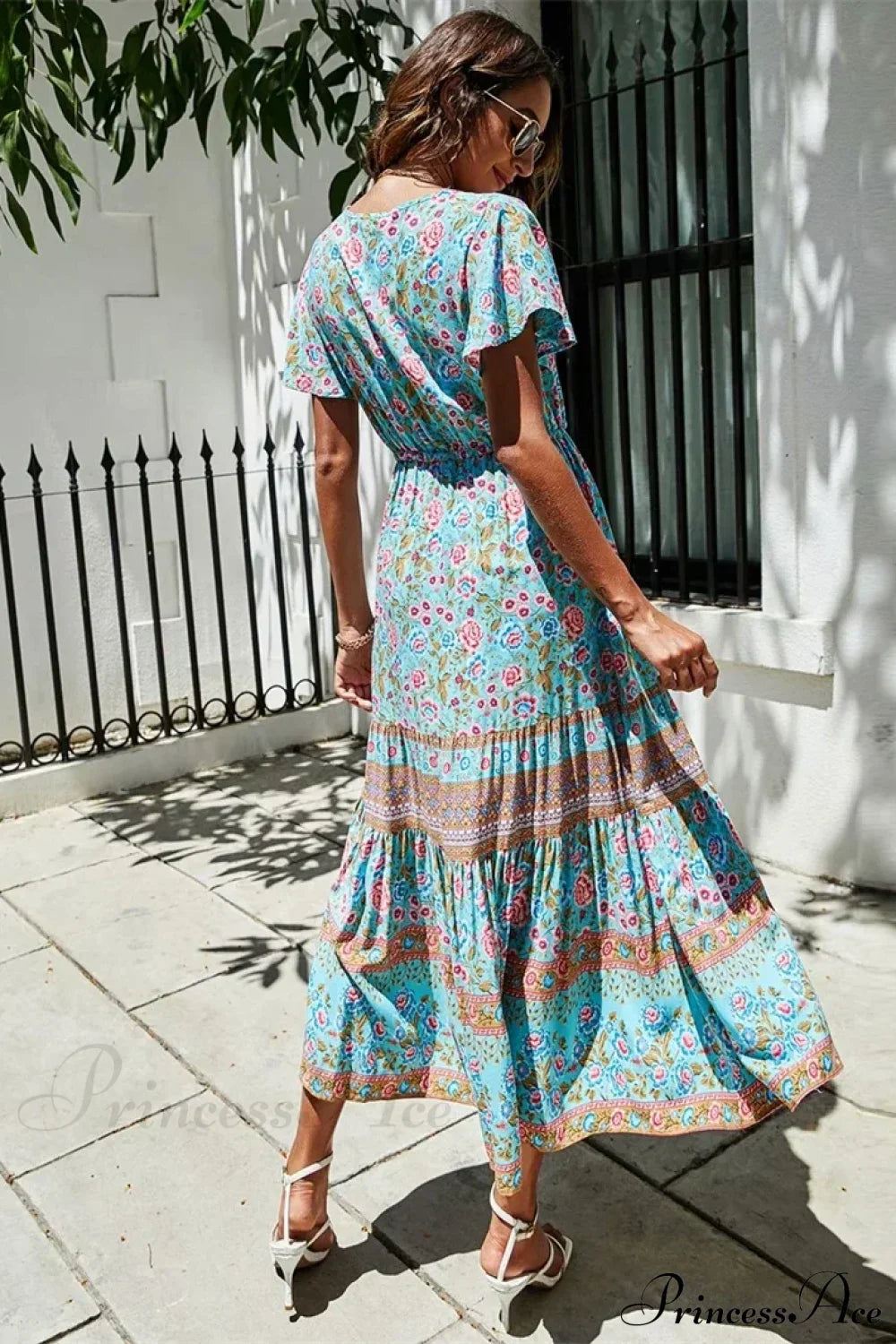 Red Floral Print Bat Sleeve Tassel V-neck Summer Boho Dress