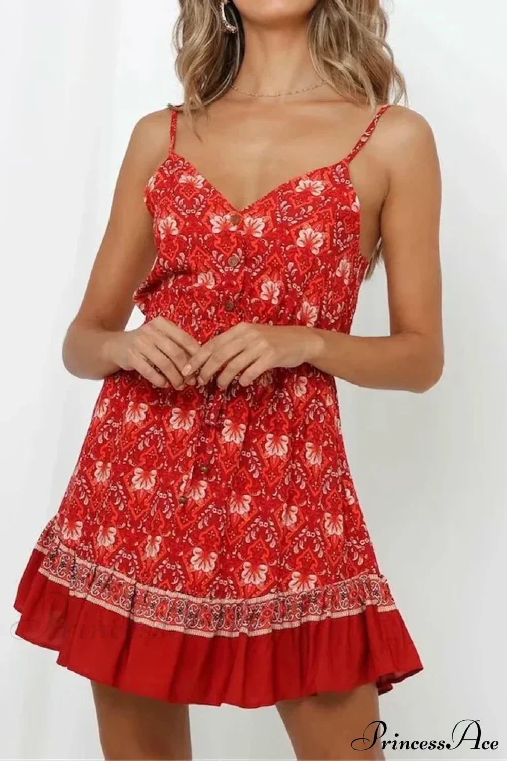 Red Floral Print Strapless Sleeveless Rayon Mini Beach Boho Dress Red / S bohodress-250126