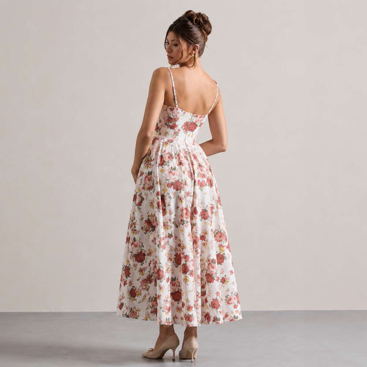 Sweetheart Cami Strap Corset A-Line Satin Midi Dress 9