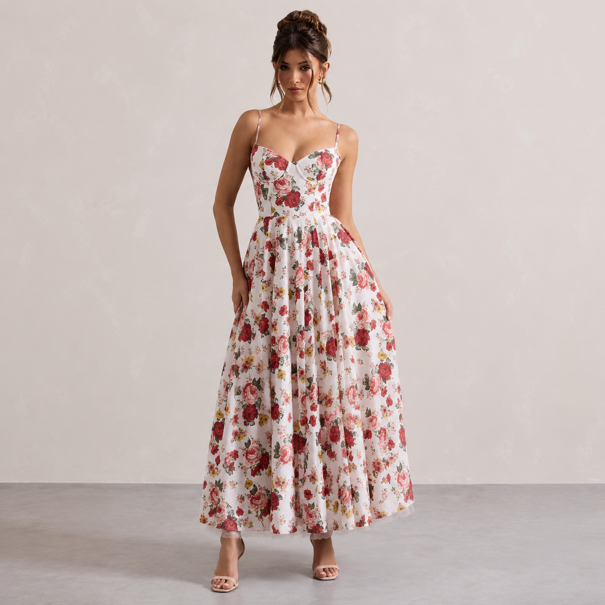 Sweetheart Cami Strap Corset A-Line Satin Midi Dress 7