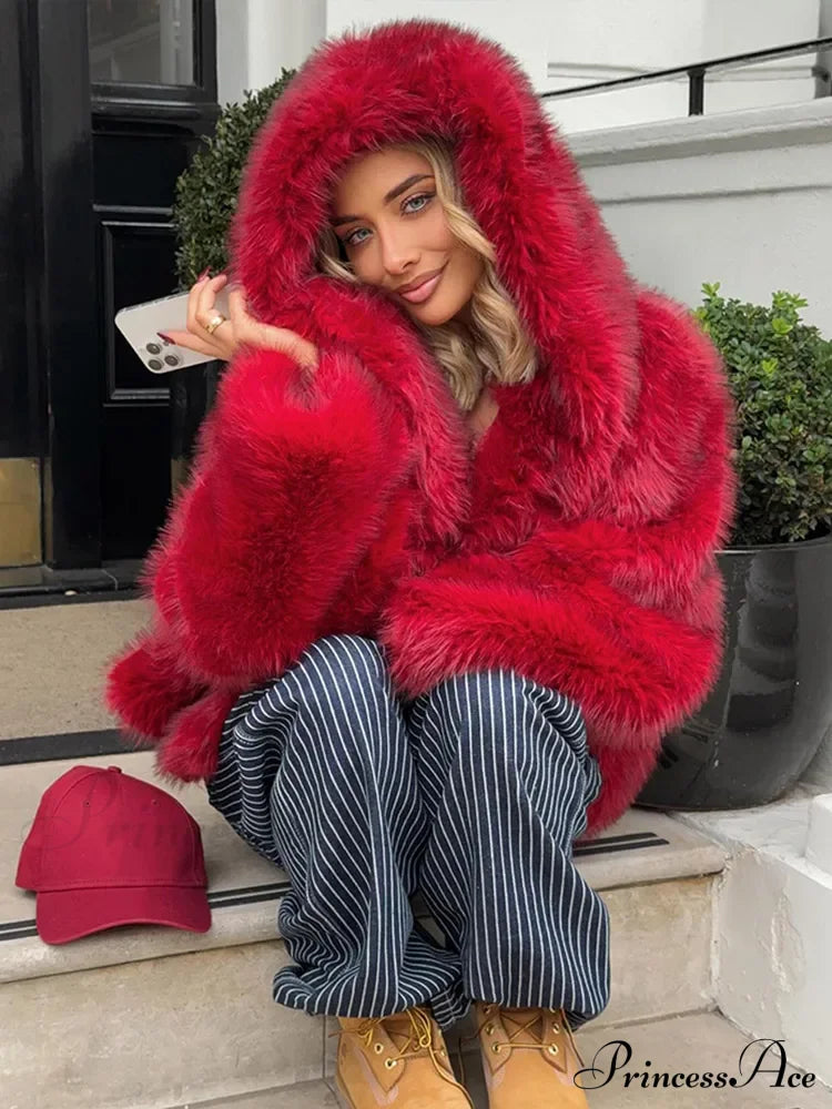 Red Fluffy Hooded Faux Fur Coat