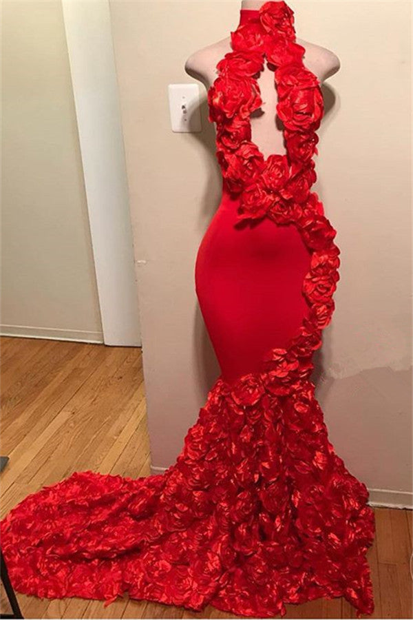 Red High Neck Mermaid Prom Dress With Flowers Sleeveless Formal Wears - Fashionpara