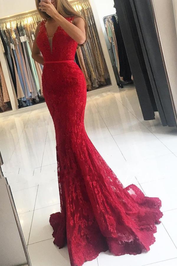 Red Lace Appliques Prom Dress Mermaid Sleeveless - Fashionpara