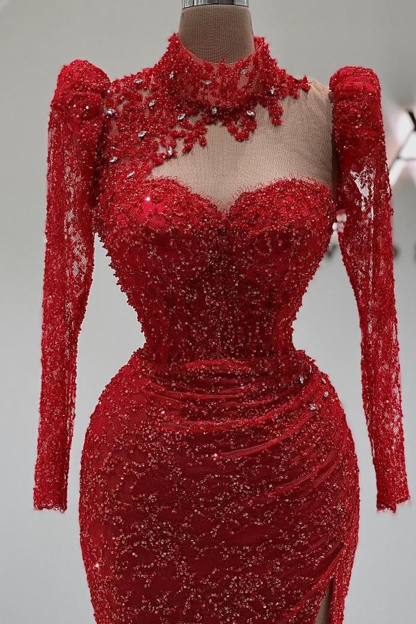 Red Long Sleeves Evening Dress Mermaid Long With Lace - Fashionpara