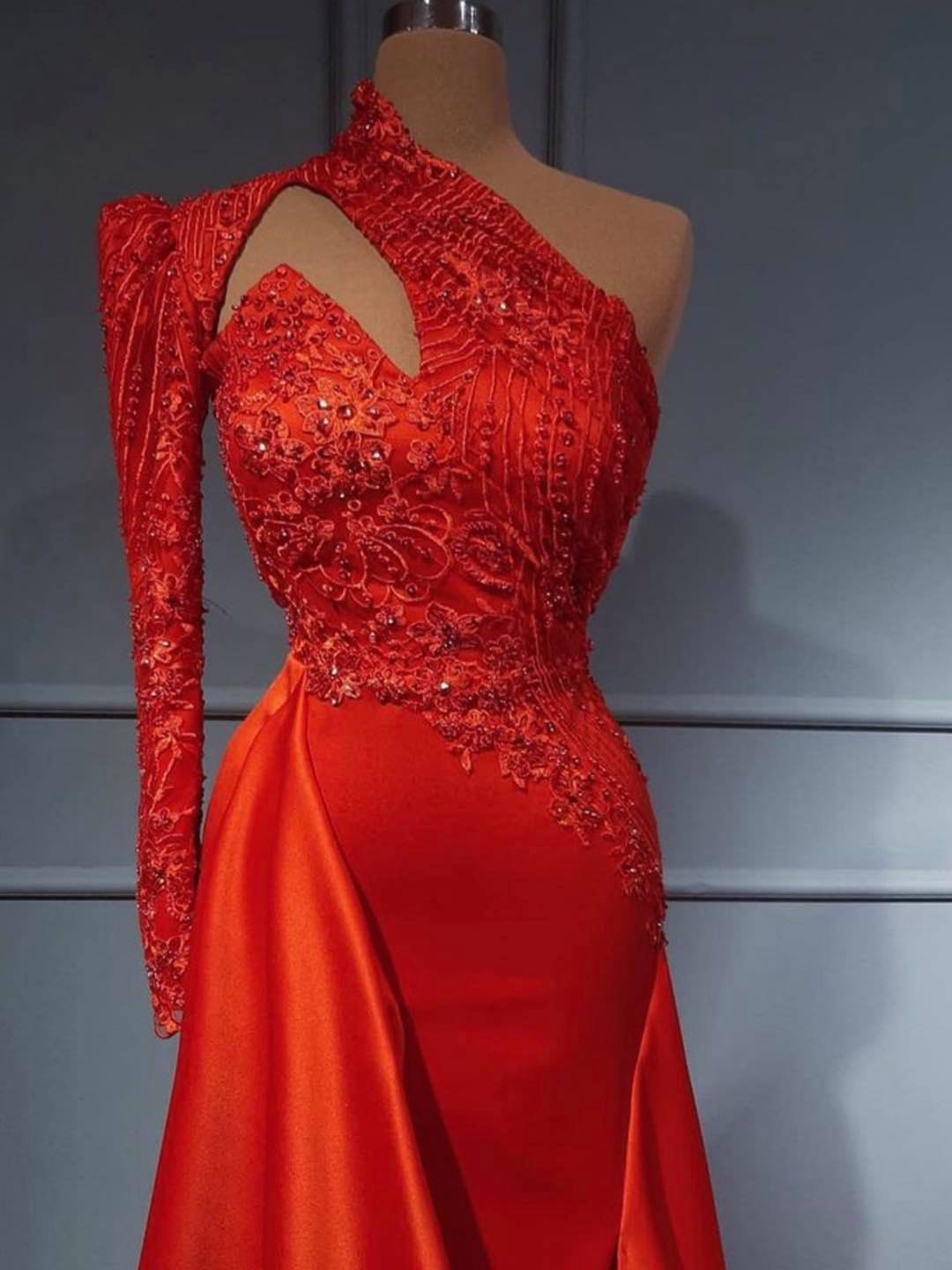 Red Long Sleeves Lace Prom Dress Mermaid - Fashionpara
