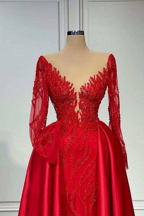 Red Long Sleeves Prom Dress Mermaid With Beadings Overskirt - Fashionpara