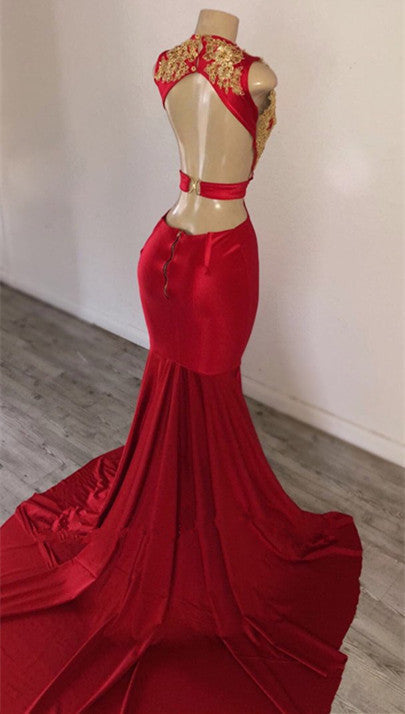 Red Mermaid Prom Dress Long With Gold Appliques - Fashionpara
