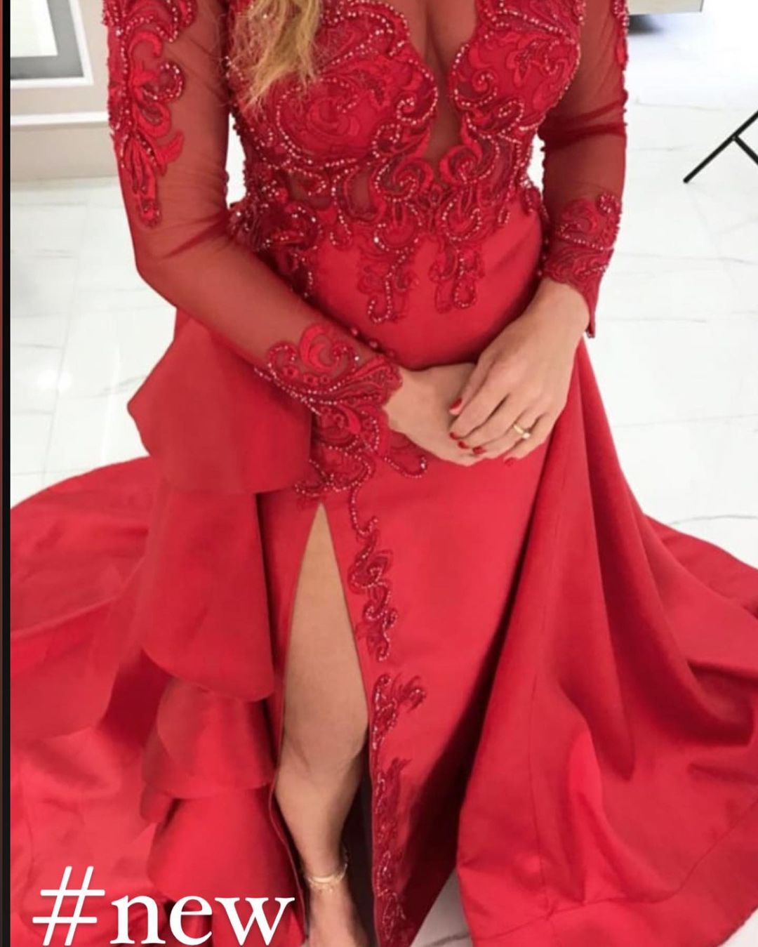 Red Mermaid Prom Dress Overskirt With Appliques Beadings - Fashionpara