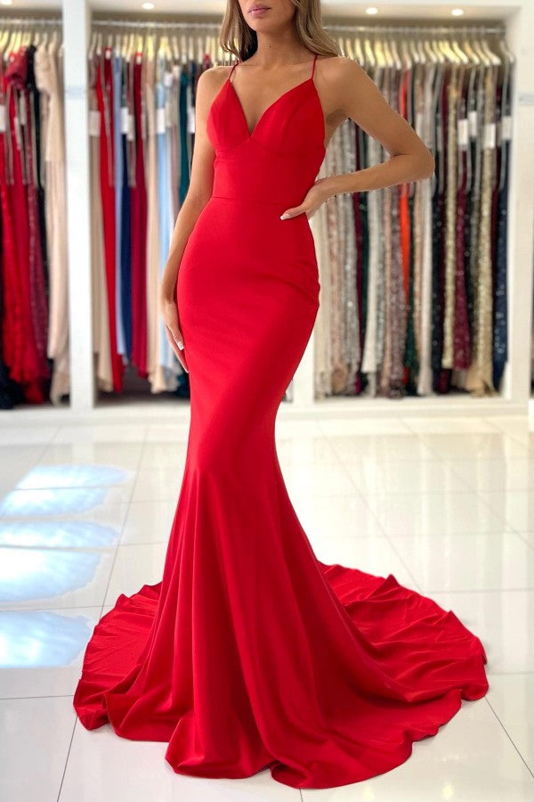 Red Mermaid Prom Dress Spaghetti-Straps Sleeveless - Fashionpara