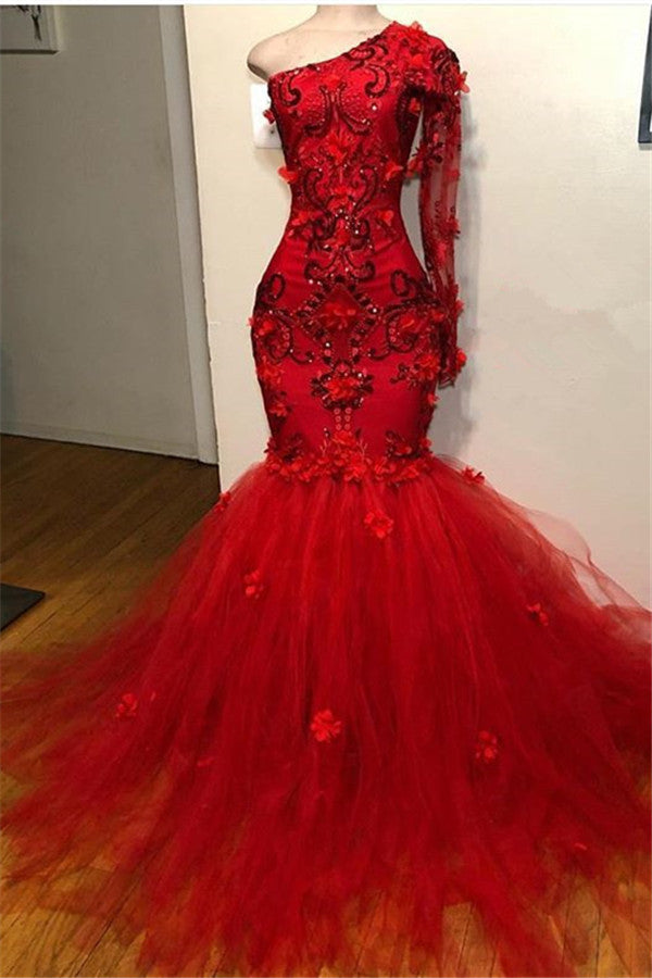Red One Shoulder Long Sleeves Prom Dress Mermaid With Appliques - Fashionpara