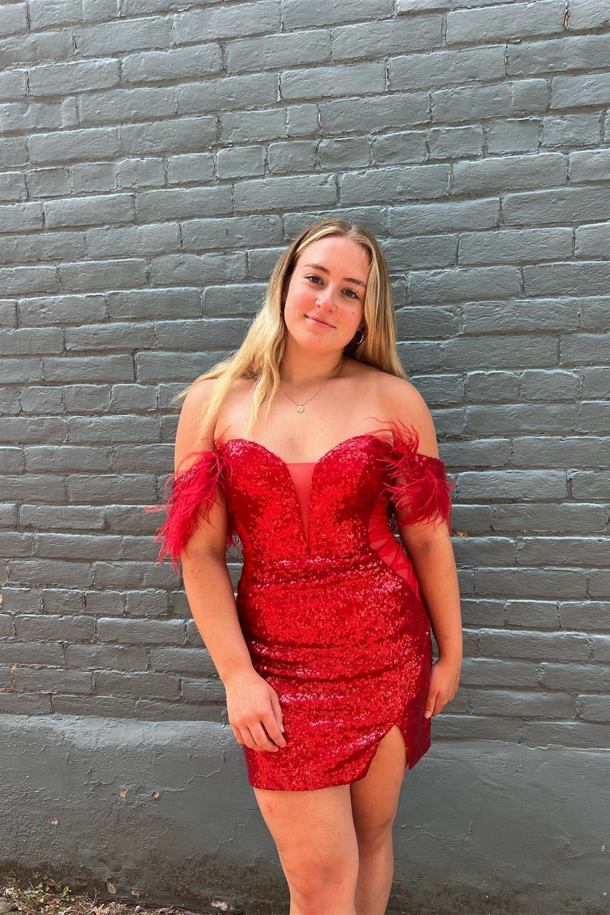Red Plunging Off-the-Shoulder Sequined Homecoming Dress with Feathers - Fashionpara