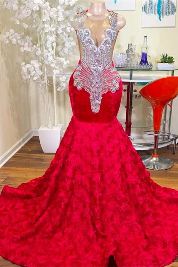 Red Prom Dress Mermaid Sleeveless With Beads - Fashionpara
