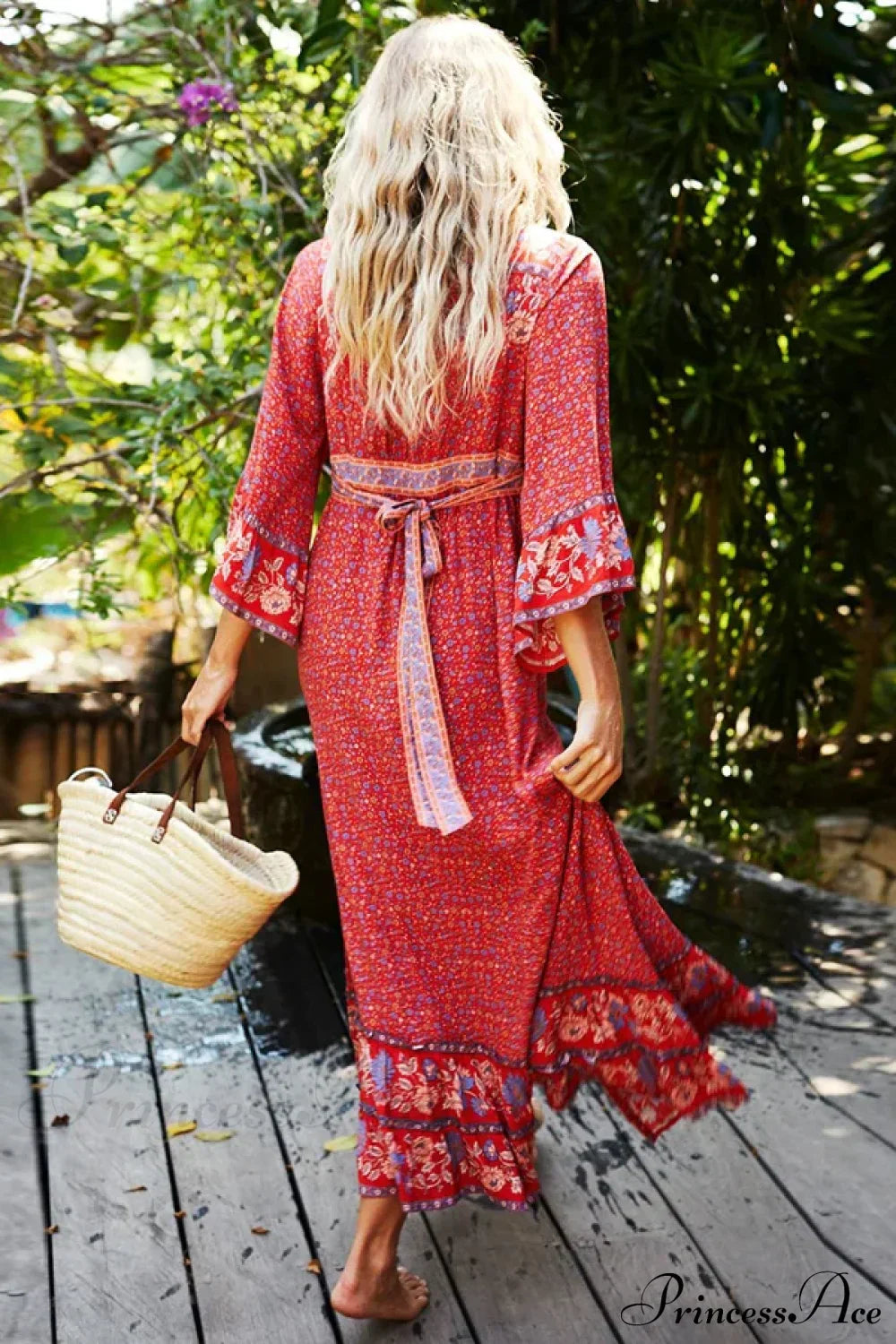 Red Rayon Floral Print V-neck Adjustable Belt Boho Dress