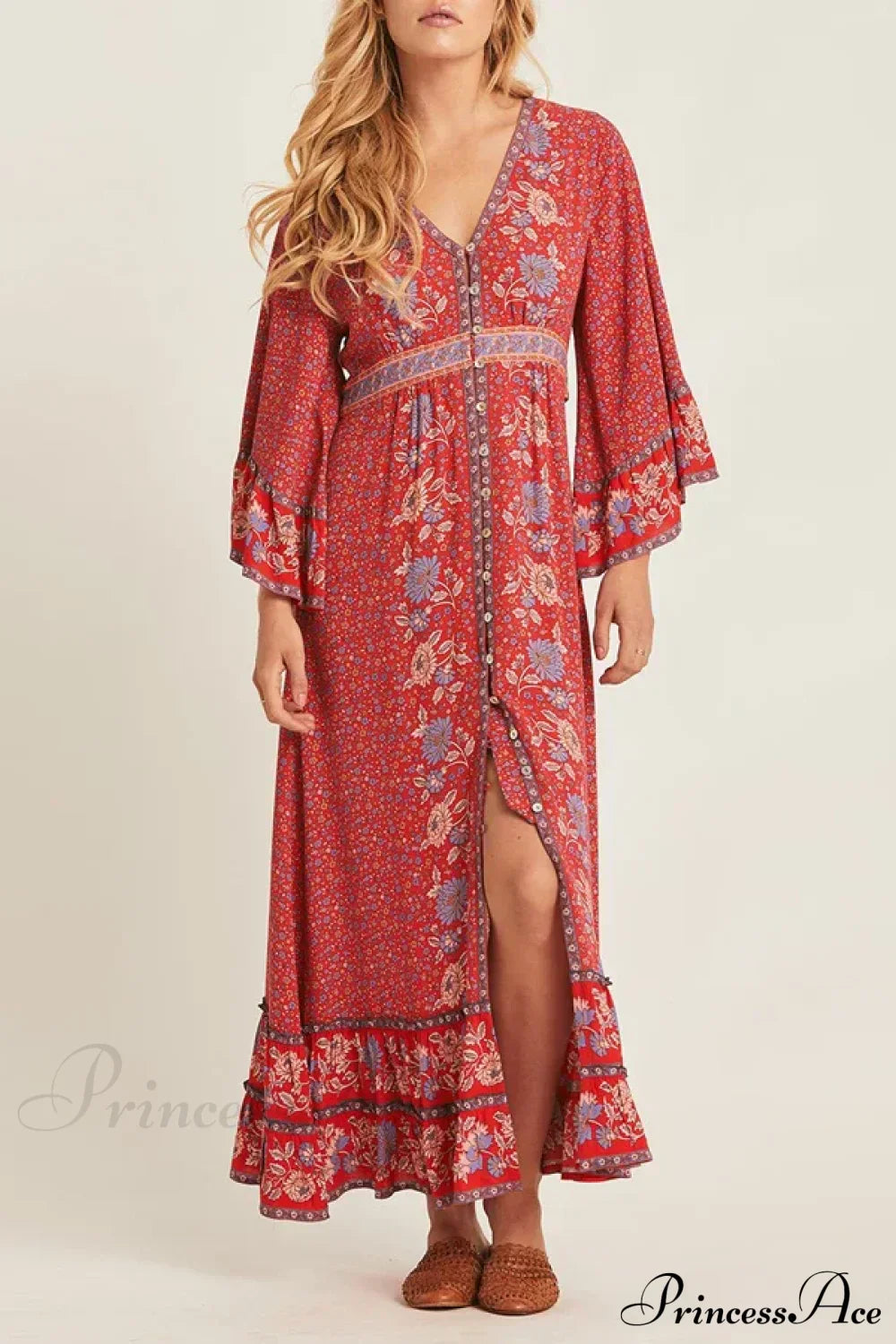 Red Rayon Floral Print V-neck Adjustable Belt Boho Dress