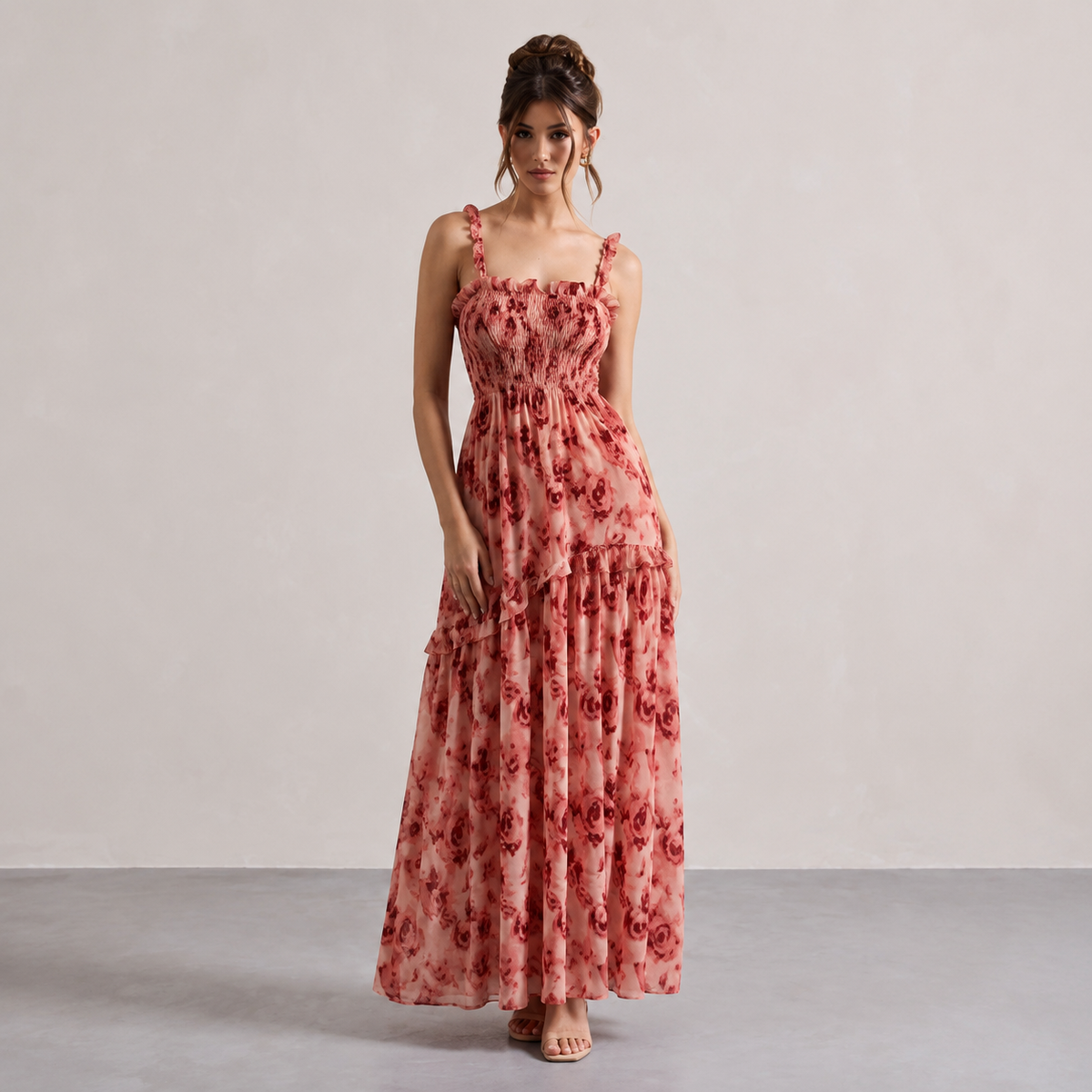 Floral Shirred Ruffle Strap Tiered Maxi Dress