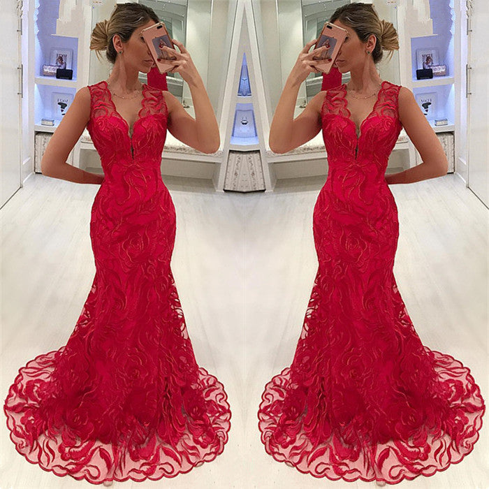 Red Sleeveless Mermaid Prom Dress With Lace Evening Gowns - Fashionpara