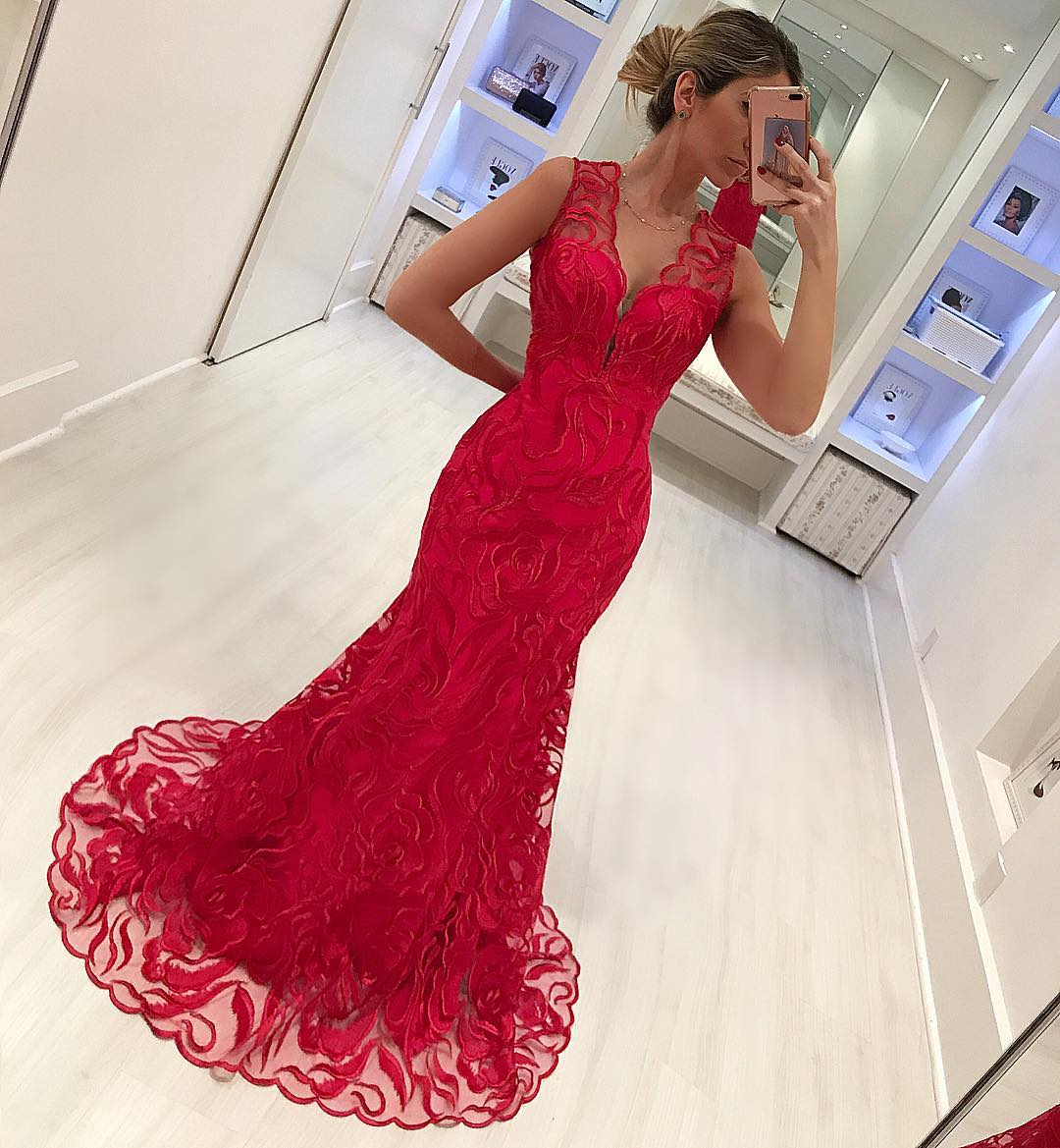 Red Sleeveless Mermaid Prom Dress With Lace Evening Gowns - Fashionpara