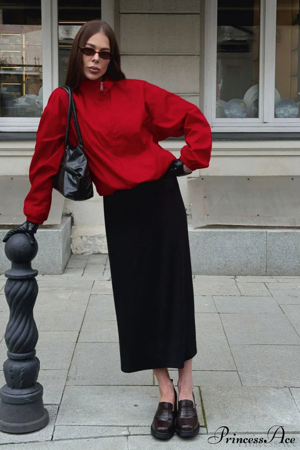 Red Windproof Zip Coat with Stand Collar for Stylish Comfort