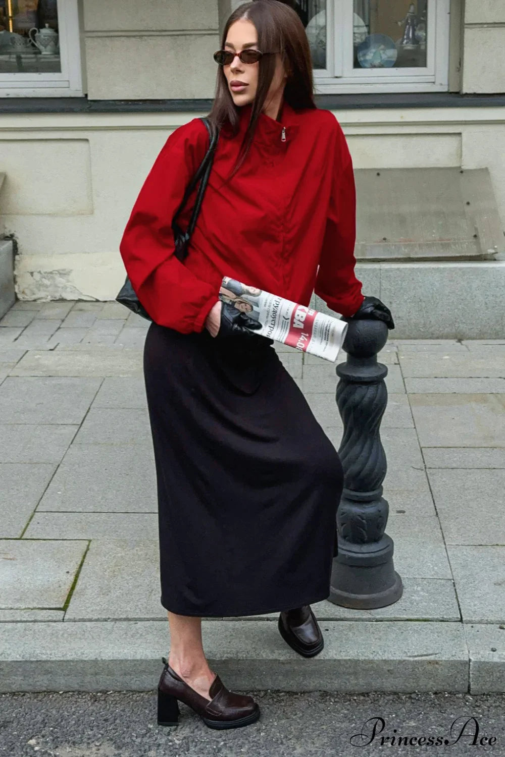 Red Windproof Zip Coat with Stand Collar for Stylish Comfort