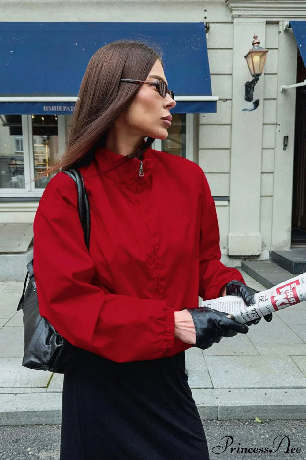 Red Windproof Zip Coat with Stand Collar for Stylish Comfort