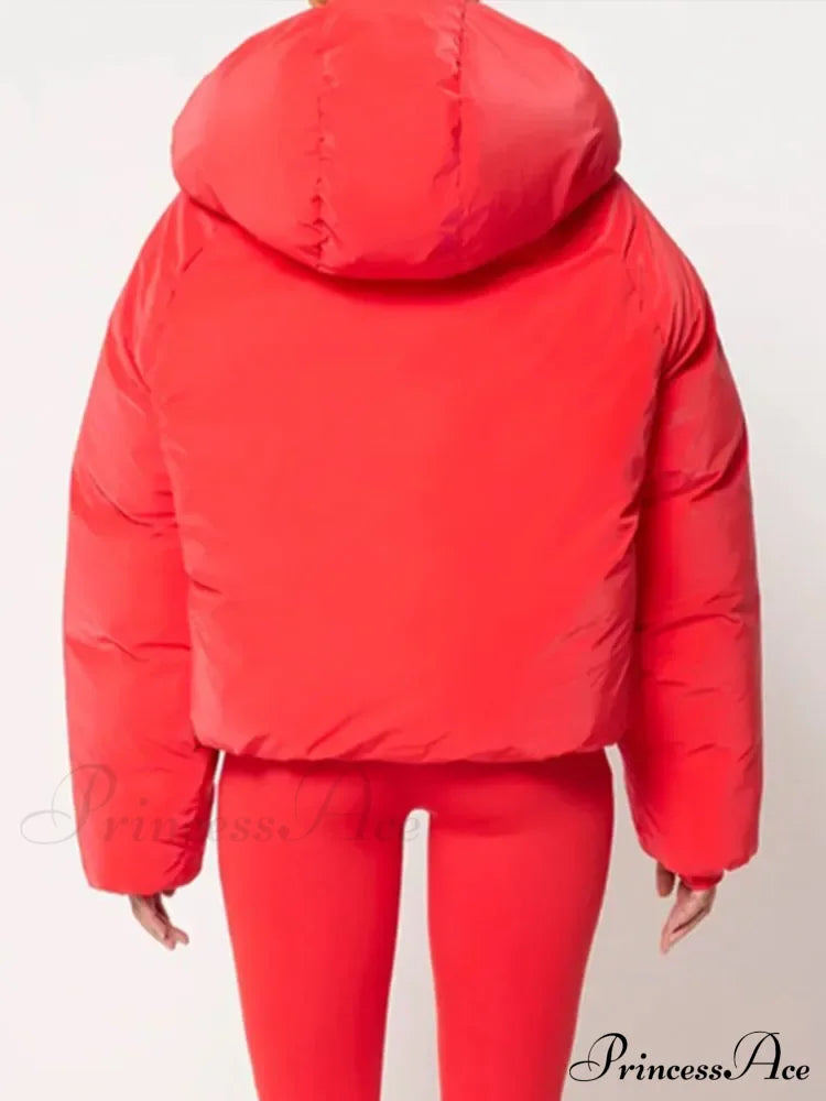 Red Stand Collar Zipper Cotton Coat