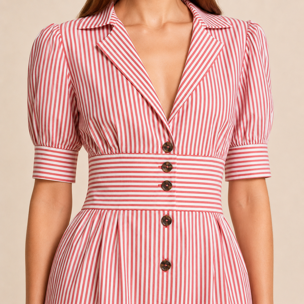 Striped Collared Puff Sleeve Button Front Belted Midi Dress 5