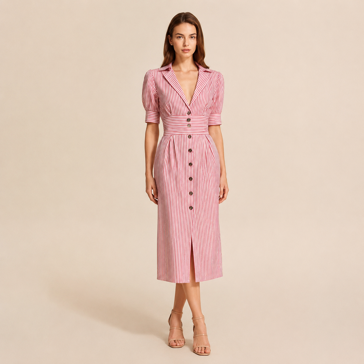 Striped Collared Puff Sleeve Button Front Belted Midi Dress 4
