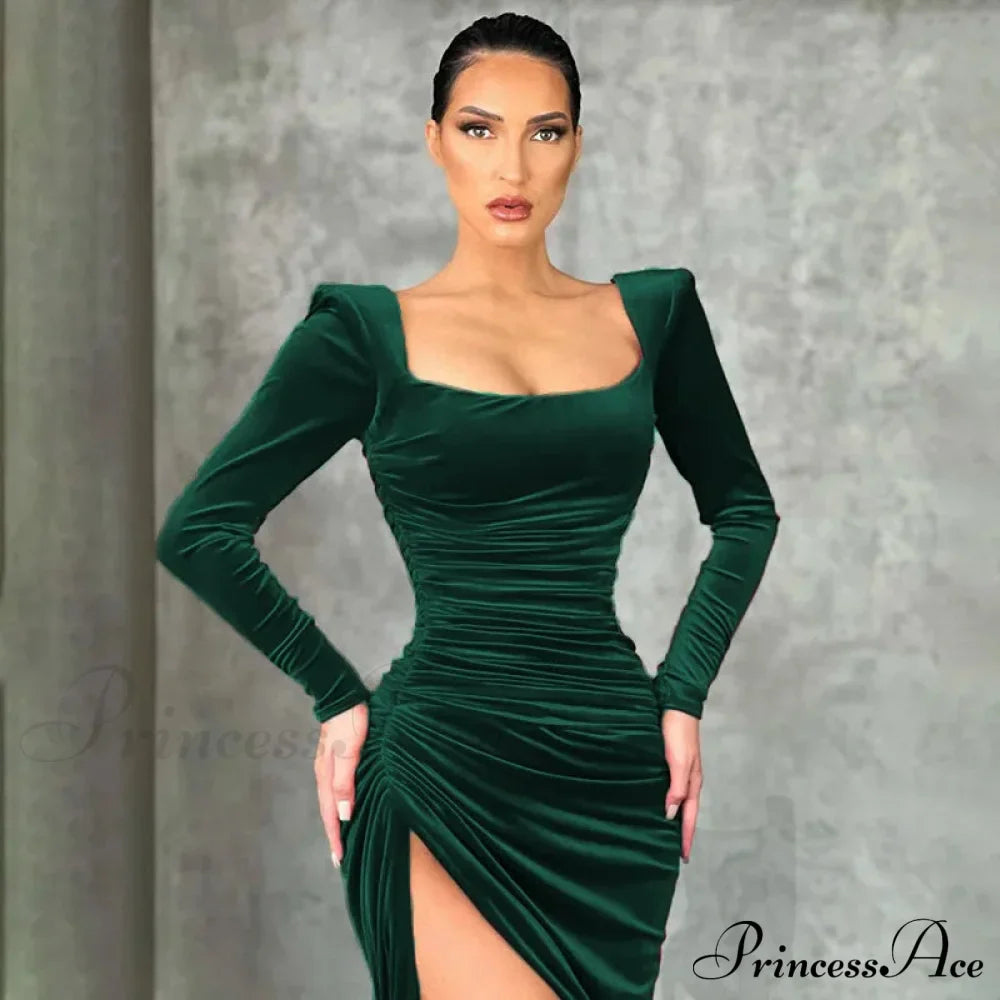 Red Velvet Elegant Midi Christmas Party Dress Green / S Dresses-L
