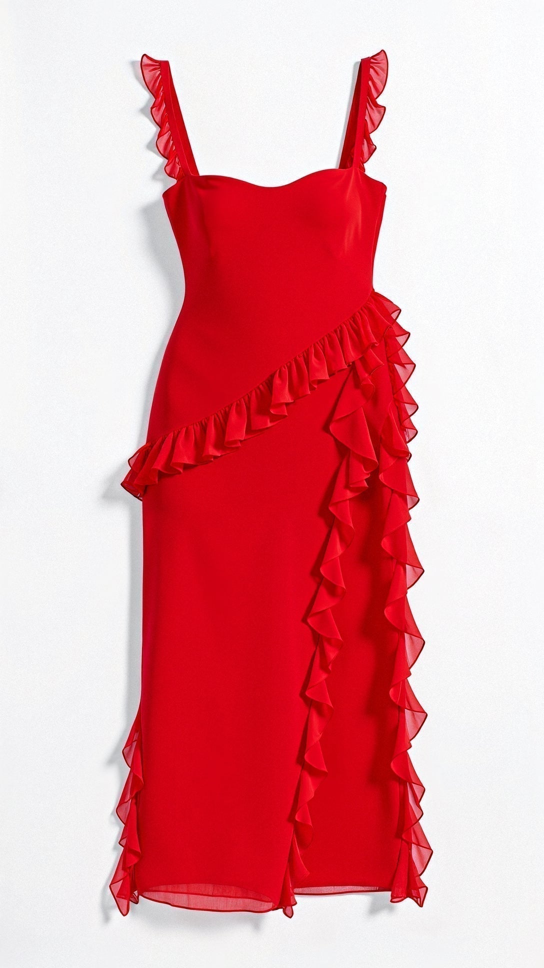 Square Neck Ruffle Strap Asymmetrical Ruffle Hem Midi Dress - View 9
