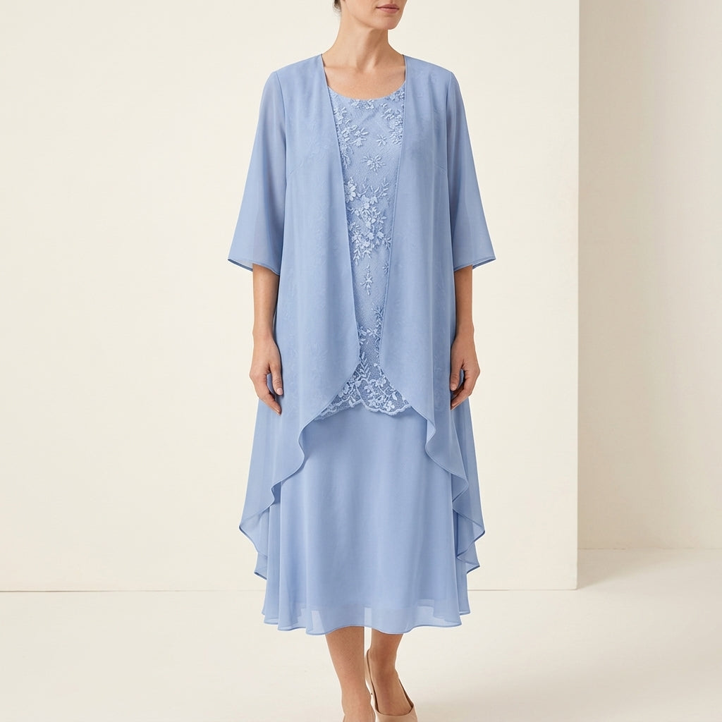 Lace Bodice Chiffon Two Piece Jacket Midi Dress