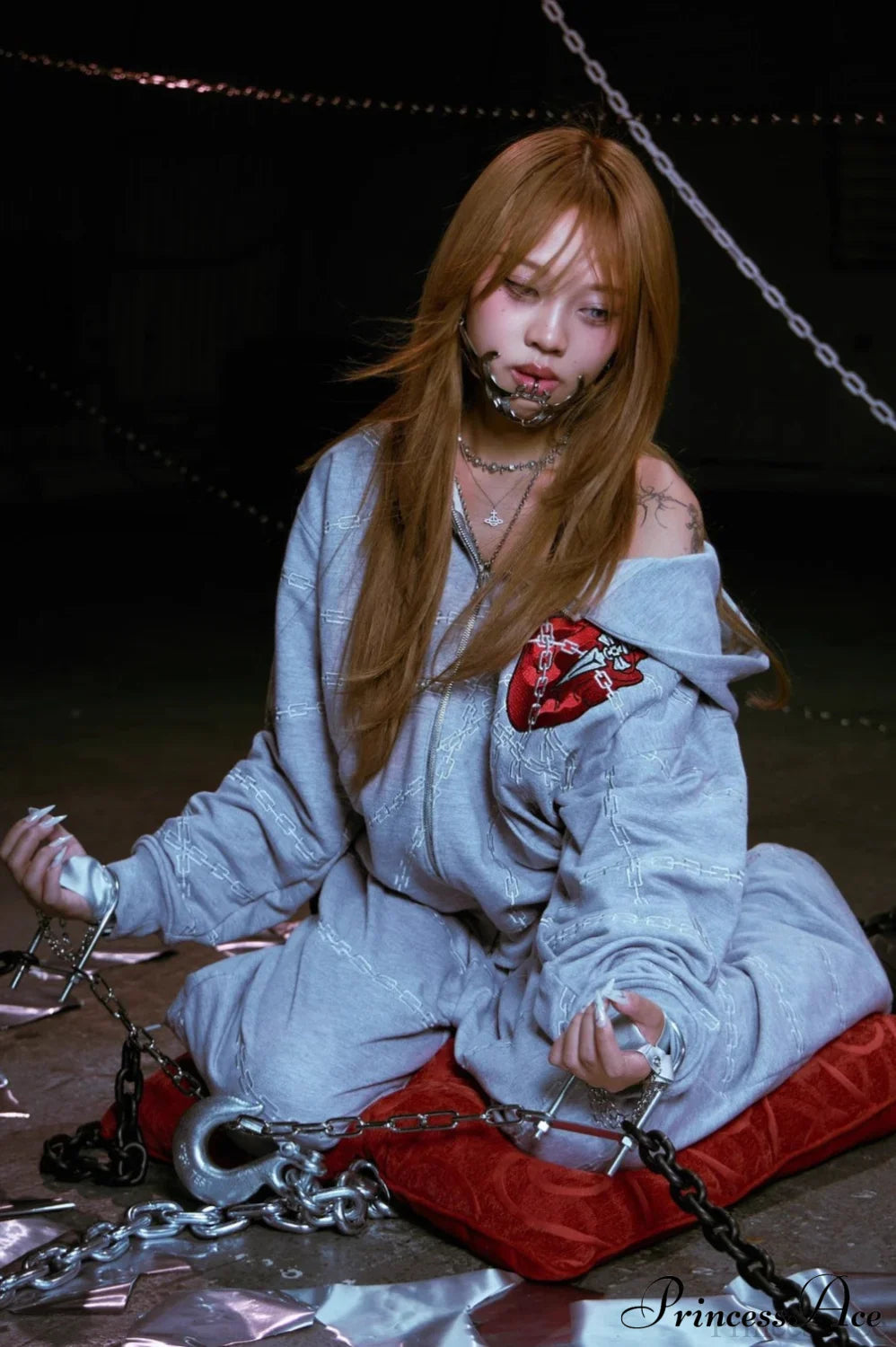 Relaxed Fit Chain Heart 3D Embroidery Print Hoodie