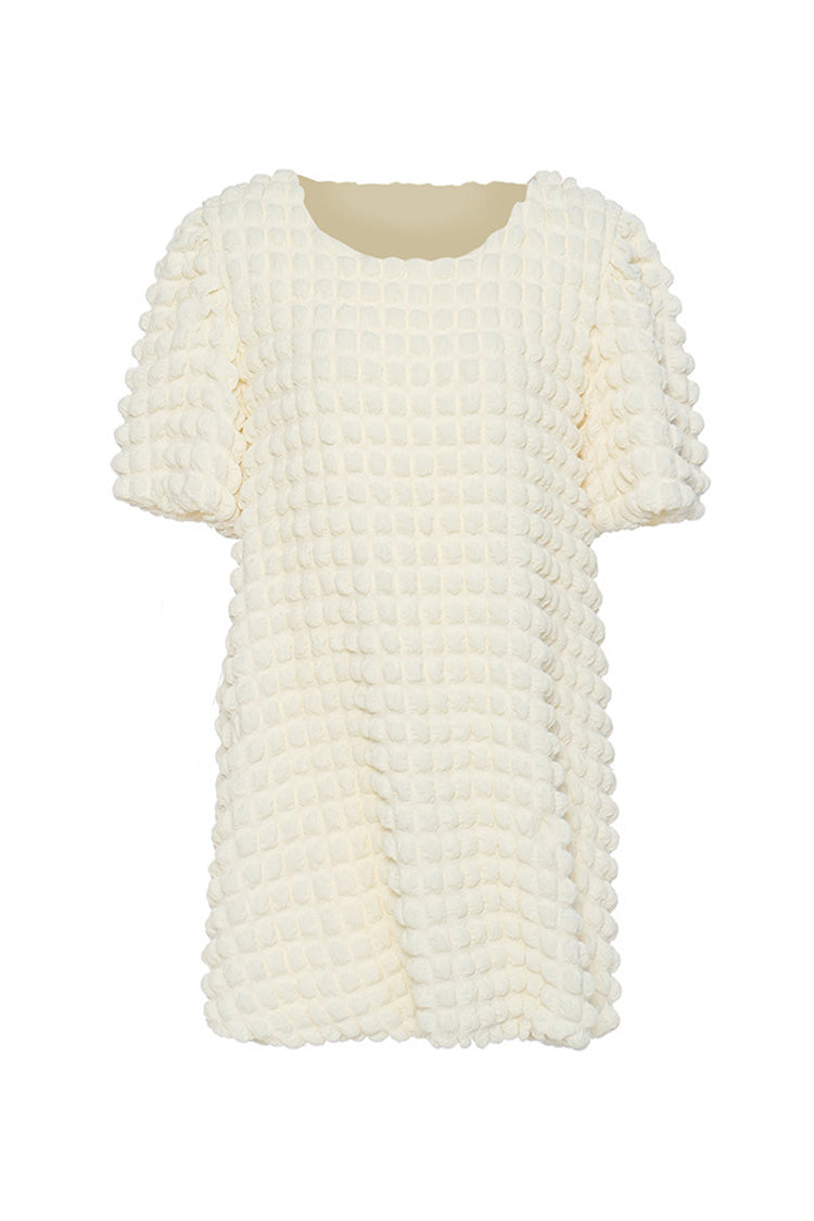 Relaxed Popcorn Round Neck Short Sleeve Oversized Summer Mini Dress - Fashionpara