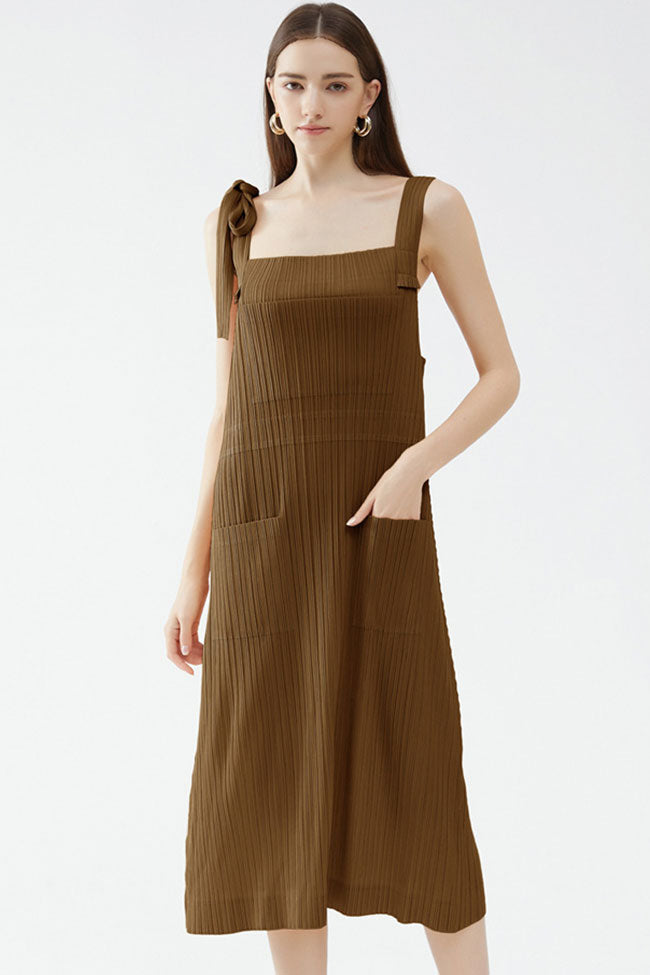 Relaxed Square Neck Tie Strap Pocketed A Line Pleated Midi Sundress - Coffee - Fashionpara