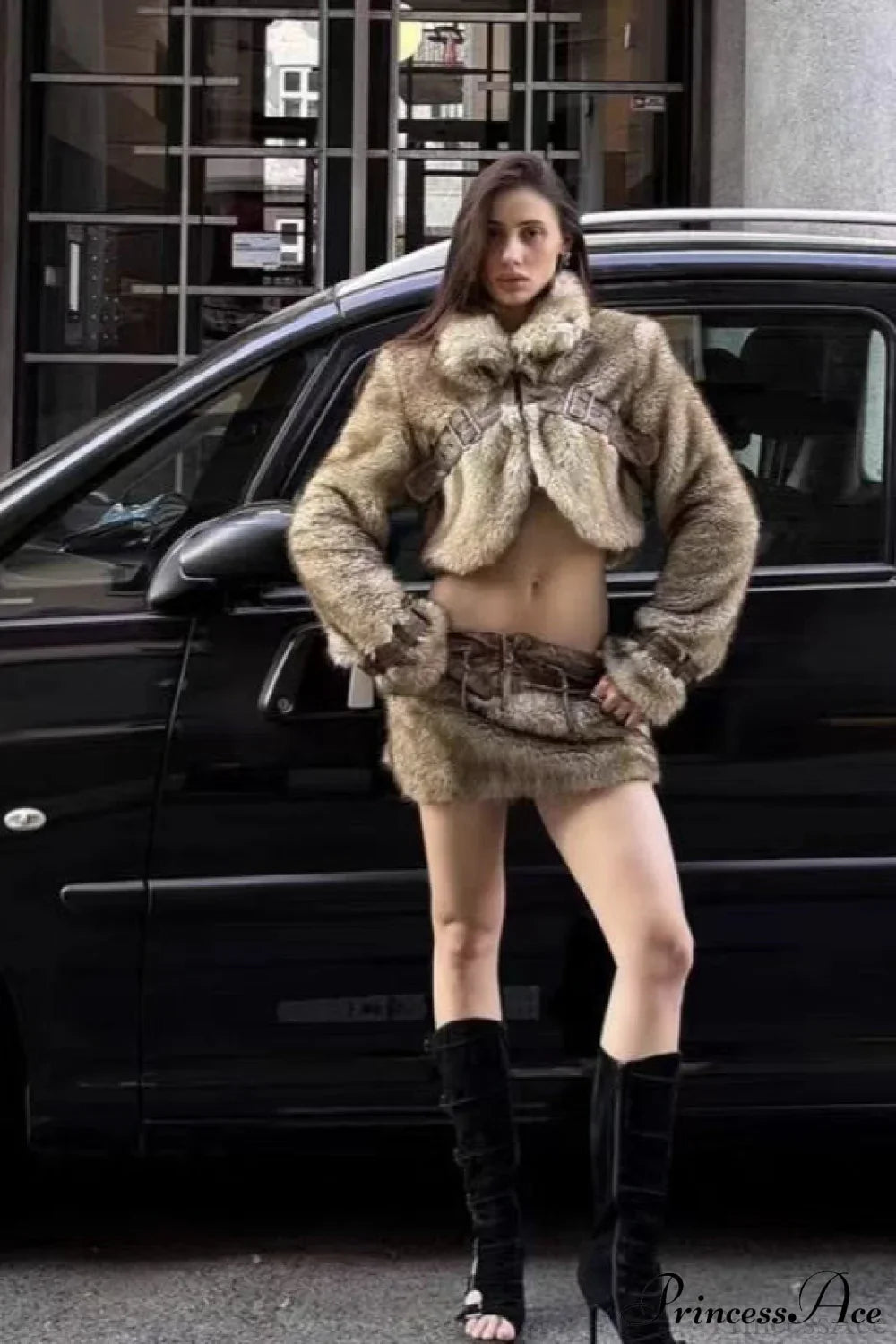 Retro Cropped Turtleneck Faux Fur Warm Jacket