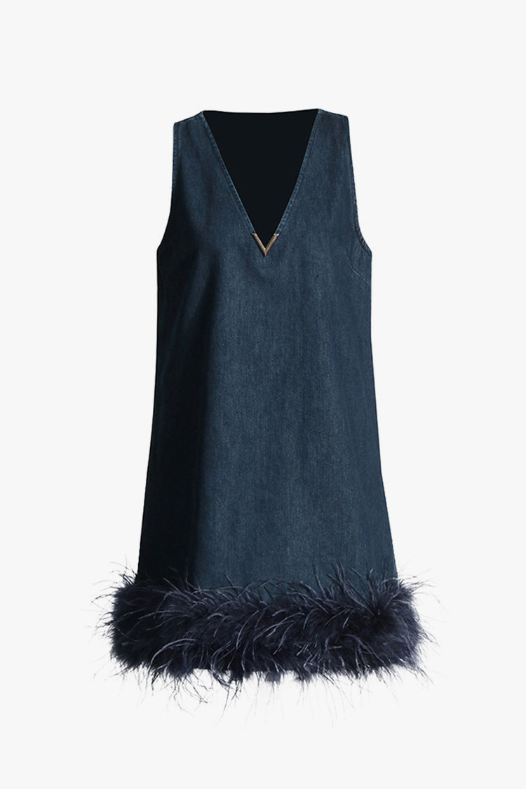 Retro Deep V Neck Sleeveless Faux Feather Trim Denim Mini Sundress - Fashionpara