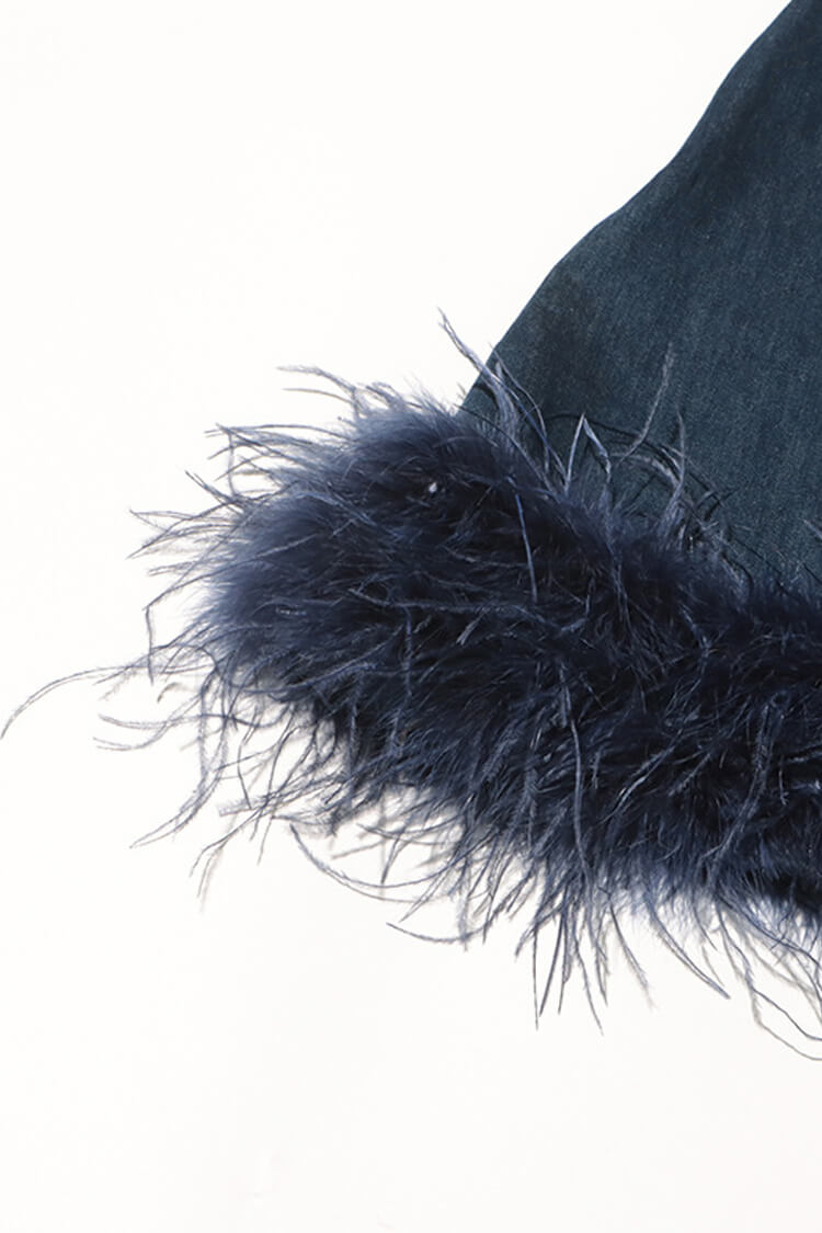 Retro Deep V Neck Sleeveless Faux Feather Trim Denim Mini Sundress - Fashionpara