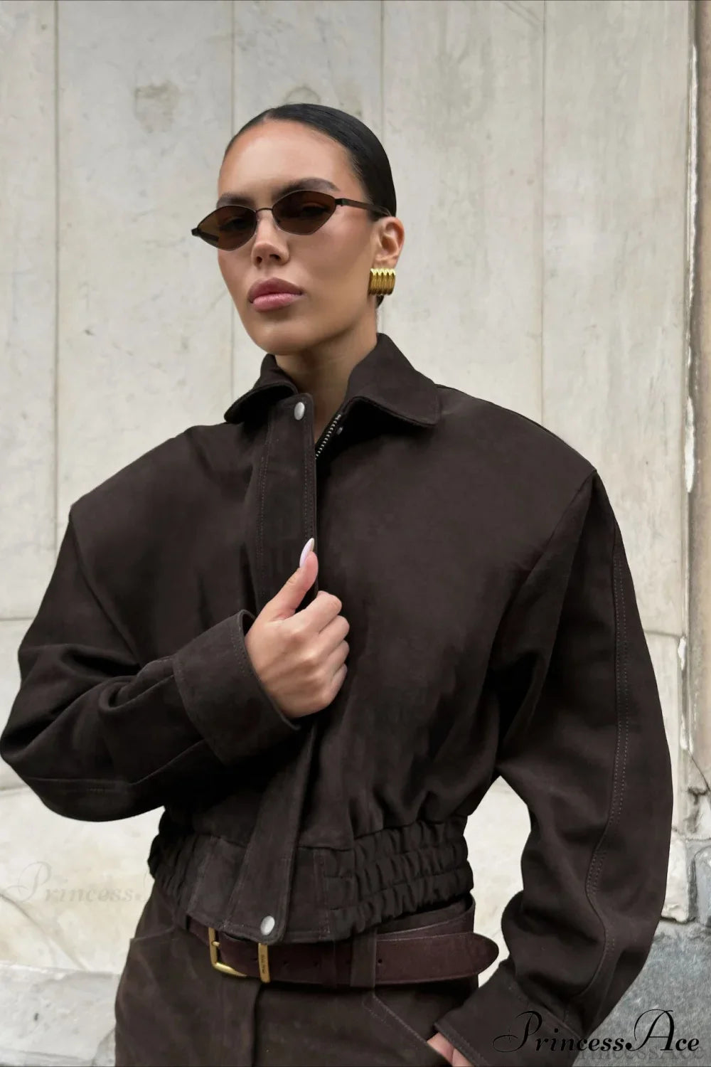 Distressed Brown Collar Short Coat for Timeless Style