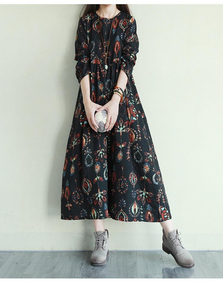 Ethnic Print Round Neck Long Sleeve A-Line Maxi Dress 4