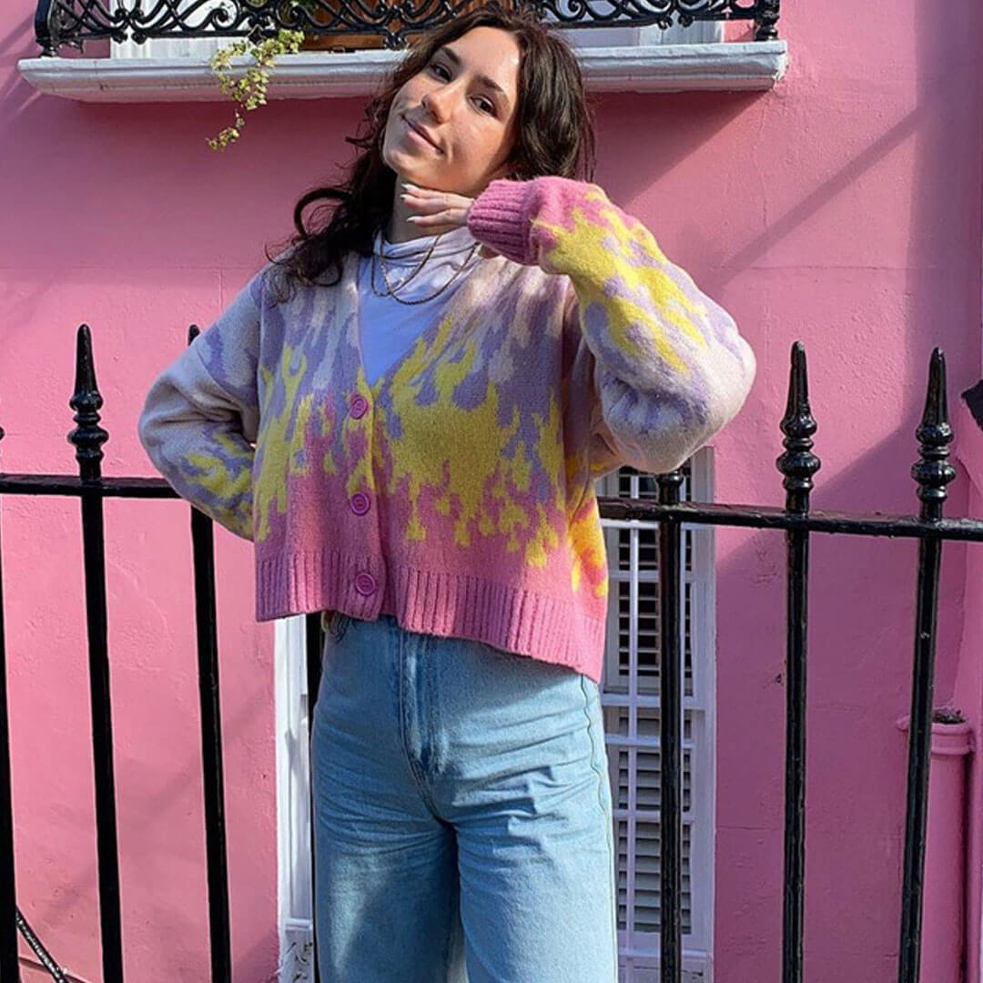 Retro Flame Print V Neck Button Up Long Sleeve Cropped Cardigan - Pink 3