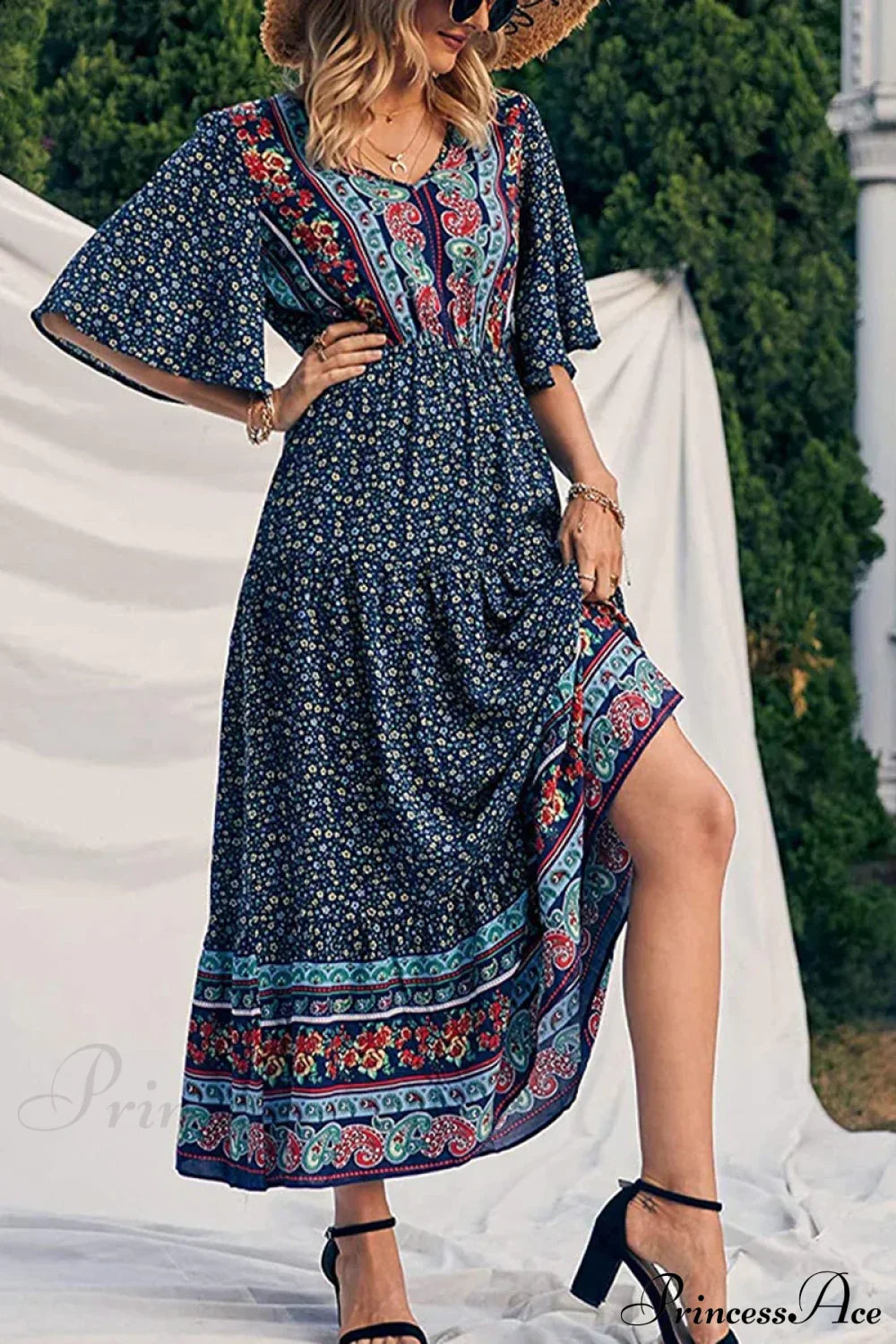 Retro Floral Print V-neck Boho Sundress